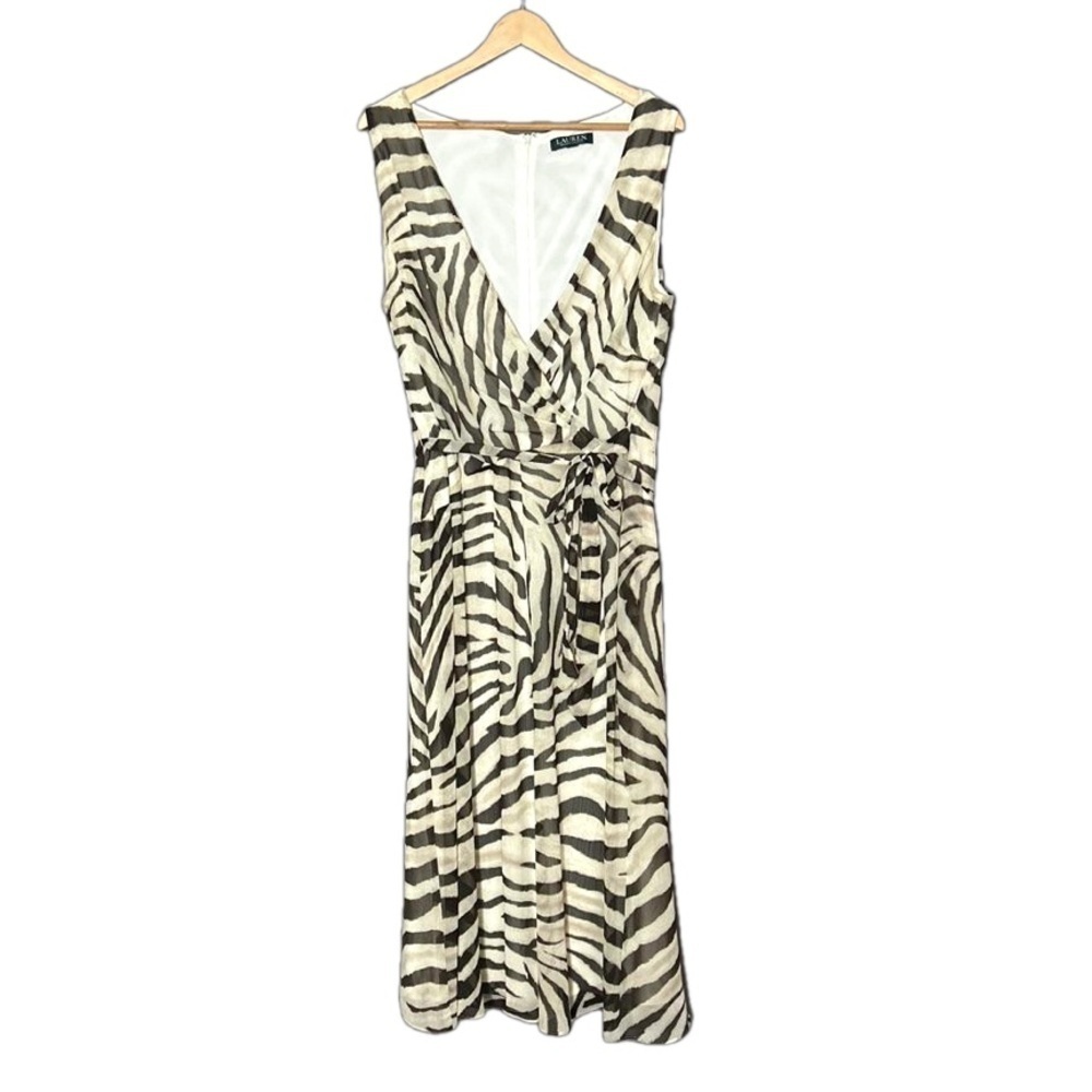 Ralph Lauren Cream/Brown Zebra Print Sleeveless Georgette Dress Size 14